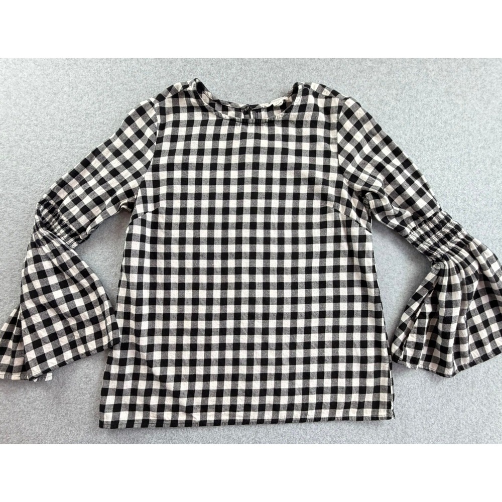 Beachlunchlounge Gingham Bell Sleeve Blouse Black White Cotton Small